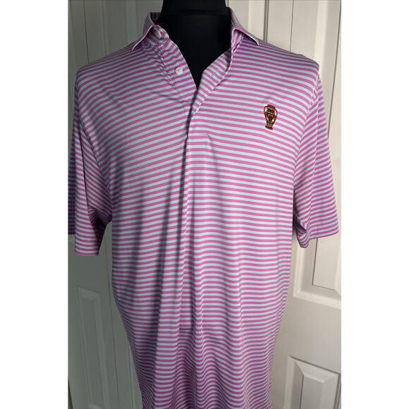 Fennec Men’s Pink Grey Striped Short Sleeve Golf Polo Med With Logo - Picture 1 of 7